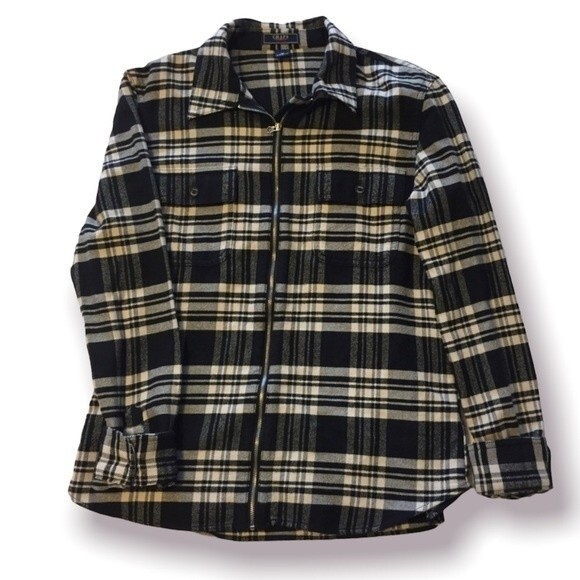 Chaps Flannel Shacket Black Cream Plaid Zipper Front Cotton Long Sleeve Top - Picture 1 of 7